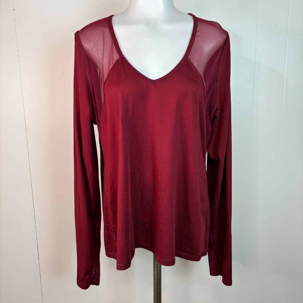 Victoria Secret Sport Top Large Burgundy Sheer Mesh Stretch V-Neck Shirt Workout